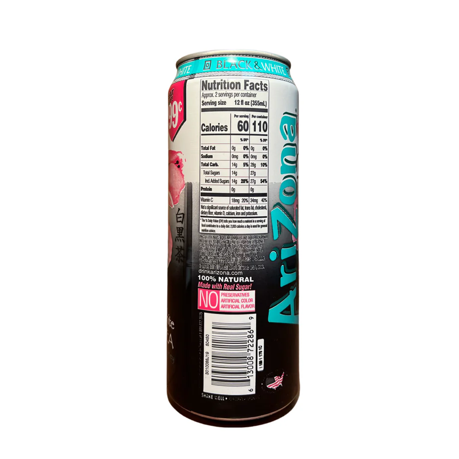 Arizona Black & White Iced Tea with Ginseng & Honey 23 fl oz